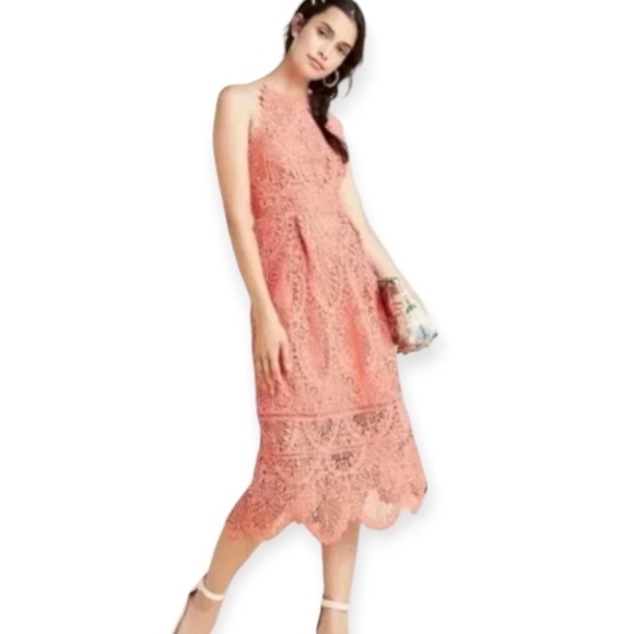 Anthropologie Eri + Ali Ava Lace Midi Halter Dress Coral Orange Summer SZ 8 - Picture 3 of 11